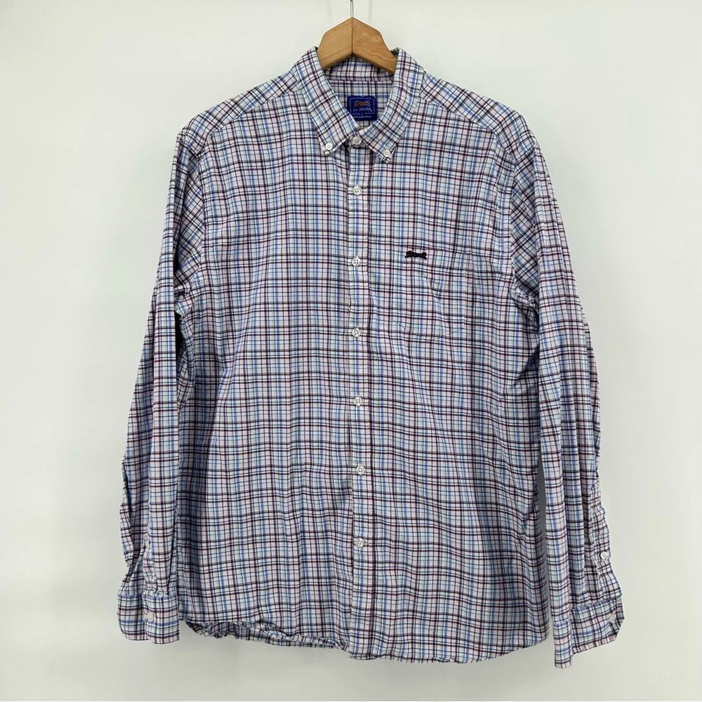 Le Tigre Men’s Long Sleeve Plaid Flannel Shirt Sz L Logo Blue Pink‎ Preppy Soft
